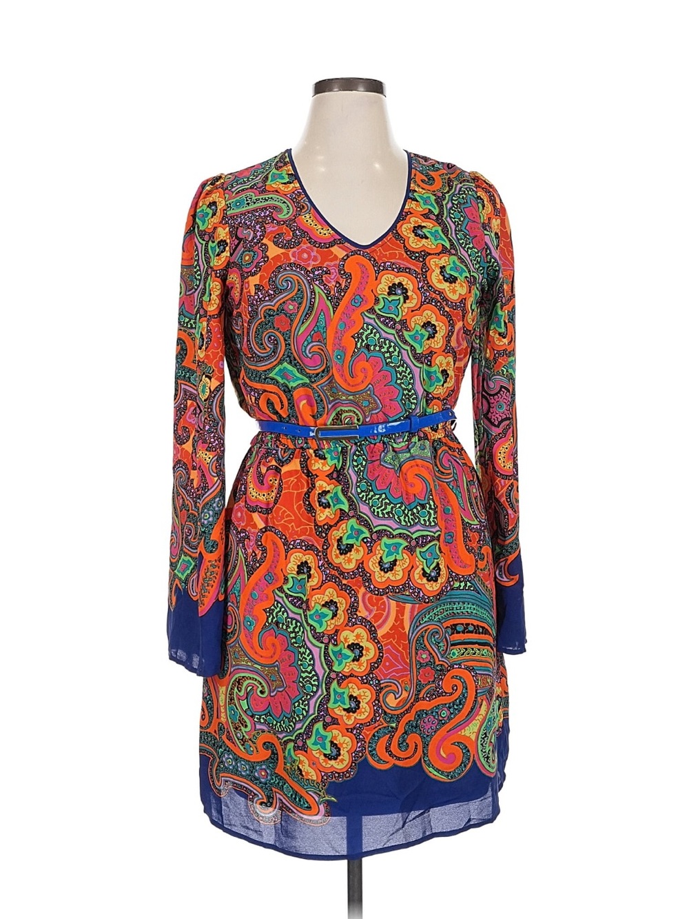 XOXO Orange & Blue Paisley Long-Sleeve Belted Mini Dress